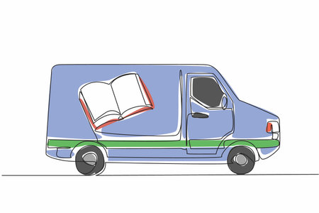 Continuous one line drawing a van with pictures of books on the side of its body. Modifying cars with a noble purpose. Educational. National Bookmobile Day. Single line draw design vector illustrationのイラスト素材