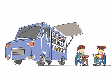 Continuous one line drawing some little children sitting reading books near the bookmobile. Channeling the hobby of reading. Focus. National Bookmobile Day. Single line draw design vector illustrationのイラスト素材