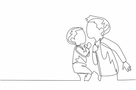 Single continuous line drawing boy kisses his forehead of baby brother. Loves with all the heart. Admirable and adorable behavior. Asleep. National Siblings Day. One line design vector illustrationのイラスト素材