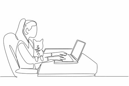 Single continuous line drawing woman typing on laptop while holding cat. Looking for references in online cat lover communities. Adorable. Bond. National Pet Day. One line design vector illustrationのイラスト素材