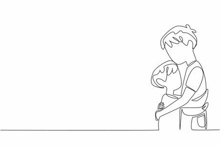 Single one line drawing two brothers hugging each other. After the conflict subsided, they forgave each other. Small disputes. Calm. National Siblings Day. Continuous line design graphic illustrationのイラスト素材