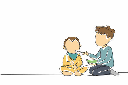 Single one line drawing the older brother feeds his younger brother. Patiently and carefully put the spoon into the mouth. Loving. National Siblings Day. Continuous line design graphic illustrationのイラスト素材