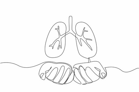 Continuous one line drawing two open palms with lungs on top. Do the best to protect lung health. Breath lighter and healthier. World Tuberculosis Day. Single line draw design vector illustrationのイラスト素材