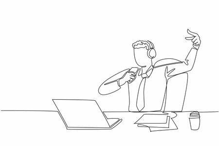 Single continuous line drawing businessman sitting on chair wearing headphones. Lazing around. Singing happily. Channeling hobbies. Exciting. National Goof Off Day. One line design vector illustrationのイラスト素材