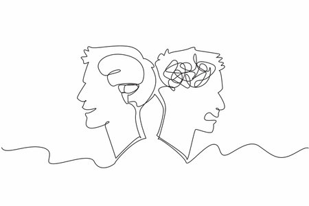 Continuous one line drawing two heads with different emotions. Expression of feelings, depends on what is in the head. Brain as a system. World Bipolar Day. Single line draw design vector illustrationのイラスト素材