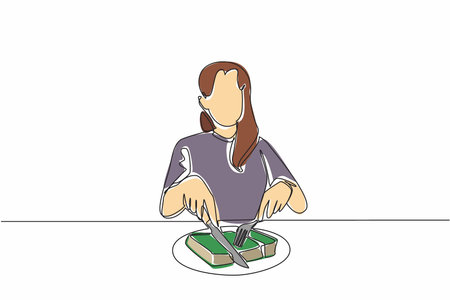 Continuous one line drawing a woman cuts thick book with fork and knife into several pieces. Interesting metaphor. Reading books gradually Edible Book Day. Single line draw design vector illustrationのイラスト素材