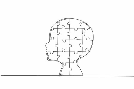 Single one line drawing head silhouette of child formed from puzzle pieces. Spectral diversity. Unique individuals. Unwell. World Autism Awareness Day. Continuous line design graphic illustrationのイラスト素材