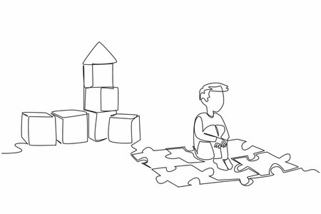 Single continuous line drawing a boy sitting on puzzle mat playing wooden block. Playing, imagining building a house. Keeping the dream. World Autism Awareness Day. One line design vector illustrationのイラスト素材