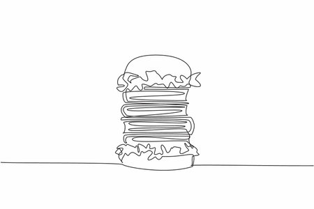 Single one line drawing burger filled with salad and 4 stacks of thick books. Healthy food increases thinking intelligence. Knowledge. Edible Book Day. Continuous line design graphic illustrationのイラスト素材