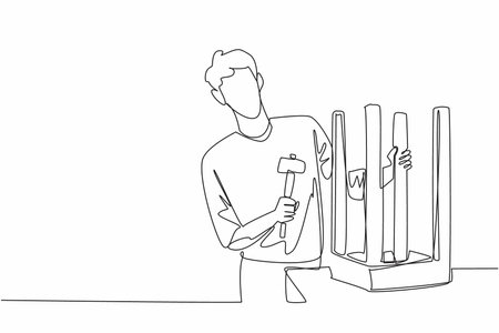 Continuous one line drawing a man fixing a chair in inverted position with hammer. Skill and patience. Becoming a skilled man. Repairing. National DIY Day. Single line draw design vector illustrationのイラスト素材