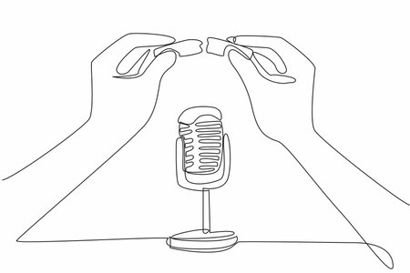 Single continuous line drawing hand plucks chocolate and points it towards the mic. Creates a food crumbs effect when dropped. Pleasure. International ASMR Day. One line design vector illustrationのイラスト素材