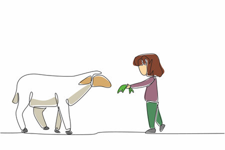 Continuous one line drawing girl feeding grass to sheep. Dedicated from an early age. Happy and patient to feed. Little farmer. National Farm Animals Day. Single line draw design vector illustrationのイラスト素材