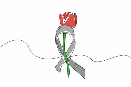 Continuous one line drawing stemmed red tulips were placed in the middle of gray campaign ribbons. Symbol of concern and sensitivity towards sufferers. Single line draw design vector illustrationのイラスト素材