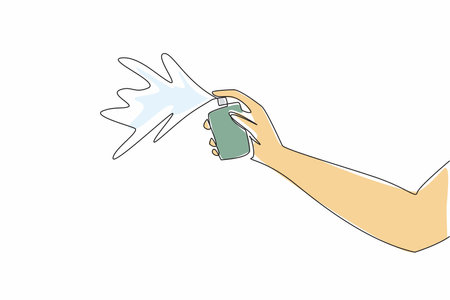 Single continuous line drawing hand spraying perfume. The best way to know scent of perfume. Testing the spray hole. Refreshing woody scent. National Perfume Day. One line design vector illustrationのイラスト素材