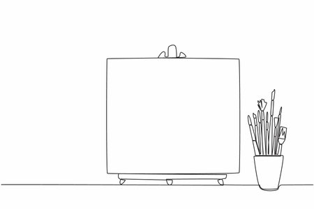 Single one line drawing paint brushes in paint brush container with painting canvas. A blank canvas will soon be painted with amazing art. World Art Day. Continuous line design graphic illustrationのイラスト素材
