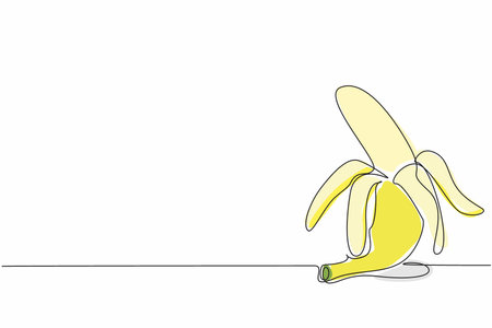 Single continuous line drawing banana with the skin half opened. Yellow skin with white fruit. Legit. Sweet. Rich in potassium. Healthy snacks. National Banana Day. One line design vector illustrationのイラスト素材