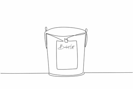 Single continuous line drawing bucket with paper attached to the outside with the words Bucket List written on it. Bucket full of dreams. National Bucket List Day. One line design vector illustrationのイラスト素材