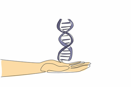 Continuous one line drawing DNA symbol on open palm. Submitting a blood sample for paternity testing. Researchers carry out tasks. Gene. National DNA Day. Single line draw design vector illustrationのイラスト素材