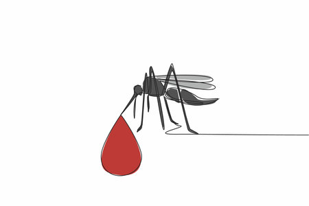 Single continuous line drawing mosquitoes that have drops of blood at the tip of their suckers. Diseases transmitted by mosquito bites. Health. World Malaria Day. One line design vector illustrationのイラスト素材