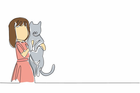 Single one line drawing girl holding her beloved striped cat in both hands. Super adorable funny behavior. Long time friends. National Kids and Pets Day. Continuous line design graphic illustrationのイラスト素材