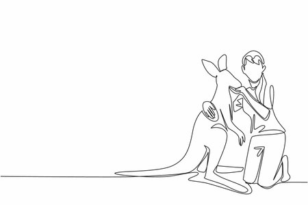 Single one line drawing a woman is crouching and hugging kangaroo. Female tourist takes the opportunity to hug a kangaroo. Activity. Hug an Australian Day. Continuous line design graphic illustrationのイラスト素材
