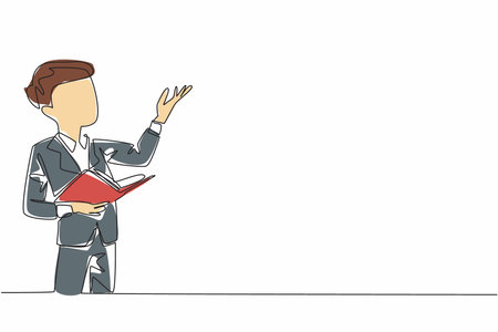 Single one line drawing a boy reading a book or poem with an attractive pose. Styled like a great poet. Entertaining the audience. Great Poetry Reading Day. Continuous line design graphic illustrationのイラスト素材