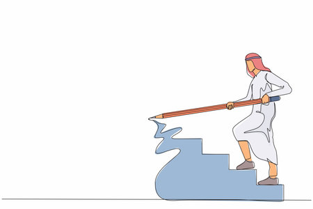 Single continuous line drawing Arab businessman use huge pencil to draw rising up stairs, walk climbing up ladder. Strategy reach business target, career path achievement. One line draw design vectorのイラスト素材