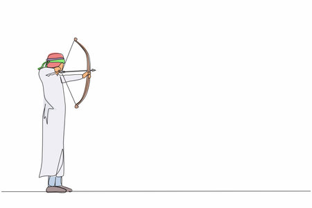 Single continuous line drawing blindfolded Arabic businessman shooting arrow. Missed target....