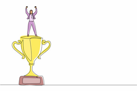 Single one line drawing businesswoman raised hands and standing above trophy. Female celebrating her business award. Business metaphor of success, appreciation. Continuous line design graphic vectorのイラスト素材