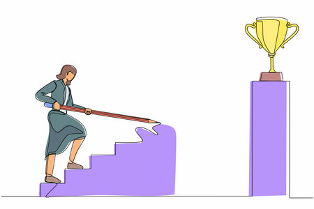 Single continuous line drawing businesswoman use huge pencil to draw rising up stairs, walk climbing up ladder, and try to reach trophy cup. Business development. One line draw graphic design vectorのイラスト素材