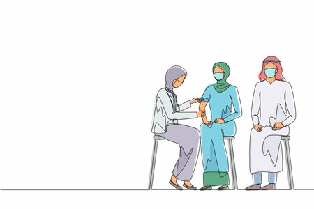 Continuous one line drawing female doctor wearing mask at clinic giving Arabian woman vaccine against coronavirus. Immunity, immunization, covid-19 vaccine. Single line draw design vector illustrationのイラスト素材