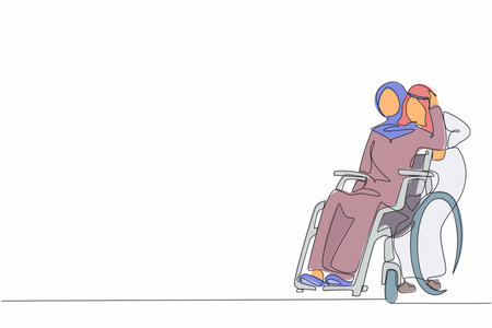 Continuous one line drawing Arabic woman sitting in wheelchair while husband standing behind and hugging her. Man supporting wife during rehabilitation. Relationship concept. Single line design vectorのイラスト素材