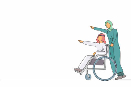 Continuous one line drawing couple of happy Arabic people while pointing in one direction. Caregiver woman pushing man on wheelchair, enjoy health care activity. Single line draw design vector graphicのイラスト素材