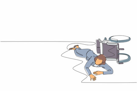 Single one line drawing businesswoman fell off wheelchair sitting on floor. Disabled female patient accident falling down and crawling for help in hospital room. Continuous line design graphic vectorのイラスト素材