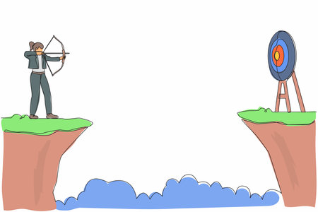 Single one line drawing businesswoman standing on cliff with archer in hand. Business target goals. Woman forced to successful. Shooting target with bow, arrow. Continuous line design graphic vectorのイラスト素材