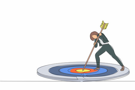 Single continuous line drawing focus marketing target strategy, businesswoman mark goal with arrow. Cute woman holding arrow, hit target on ground. Achieving goals. One line draw graphic design vectorのイラスト素材