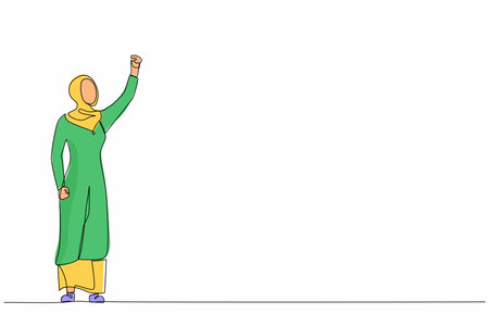 Continuous one line drawing Arabian businesswoman executive celebrate her successful, raising hands with clenched fists up over head. Success and vision concept. Single line draw design vector graphicのイラスト素材