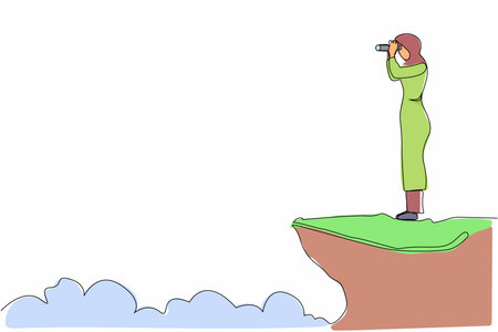 Single one line drawing Arabian businesswoman looking in binoculars standing on cliff. Business vision concept, leadership, achievement, target. Continuous line draw design graphic vector illustrationのイラスト素材