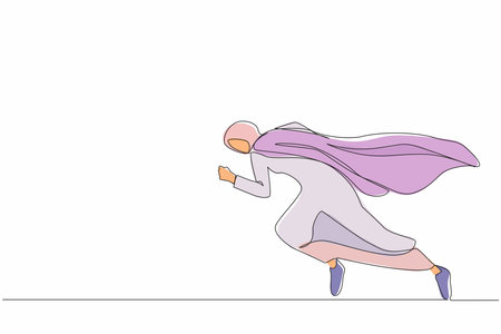 Single one line drawing super Arab businesswoman running fast. Business superhero rushing on duty, business concept goal, achievement, success. Continuous line draw design graphic vector illustrationのイラスト素材