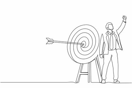 Single continuous line drawing businessman fist pump his arrow directed into the target. Target goal, focus and progress. Business archery, arrow hit focus. Dynamic one line draw graphic design vectorのイラスト素材