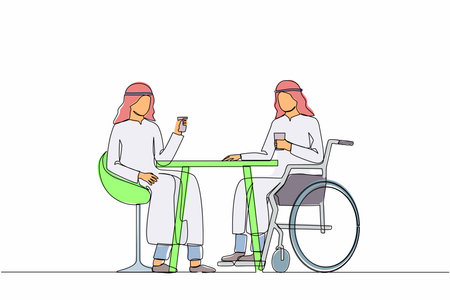 Single one line drawing two Arabic businessmen talk at business meeting. Colleagues have coffee break. Disability male drinks coffee with his friend. Continuous line design graphic vector illustrationのイラスト素材