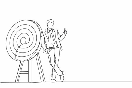 Single one line drawing businessman or manager is standing or leaning the target with thumbs up gesture. Arrow hit the target exactly. Modern continuous line draw design graphic vector illustrationのイラスト素材