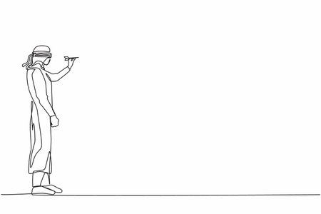 Single continuous line drawing confused Arabian businessman blindfold throwing dart. Unclear target or blind business vision, leadership failure or mistake aiming goal. One line graphic design vectorのイラスト素材