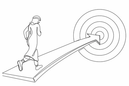 Single one line drawing Arab businessman running on arrow to center of dartboard. Business Concept of targeting and customer. Company vision mission. Continuous line design graphic vector illustrationのイラスト素材