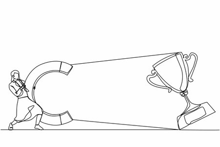Single continuous line drawing young businesswoman attracting big trophy with huge magnet. Victory sign. Success, achievement, business goals concept. One line draw graphic design vector illustrationのイラスト素材