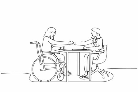 Continuous one line drawing two women meet in office for interview disabled female in wheelchair. Boss sitting across from her shake hands to congratulate getting job. Single line draw design vectorのイラスト素材