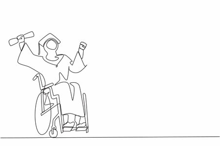 Continuous one line drawing disabled bachelor, inclusive education concept. Young happy Arab woman graduate master holding diploma in hand sitting in wheelchair. Single line draw design vector graphicのイラスト素材