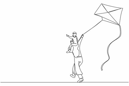 Continuous one line drawing back view Arabian daddy gives happy boy son piggyback ride flying kite outdoors. Father carry son on shoulders and fly kite in countryside. Single line draw design vectorのイラスト素材