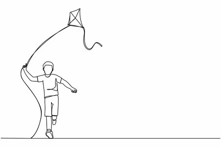 Continuous one line drawing active boy runs with kite. Happy little child playing outdoors. Running little kid boy while flying kite. Childhood. Single line draw design vector graphic illustrationのイラスト素材