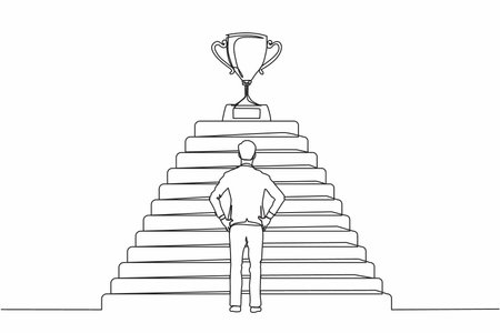 Single continuous line drawing businessman standing in front of staircase with trophy cup on the top. Path to success, goal, business vision. Dynamic one line draw graphic design vector illustrationのイラスト素材